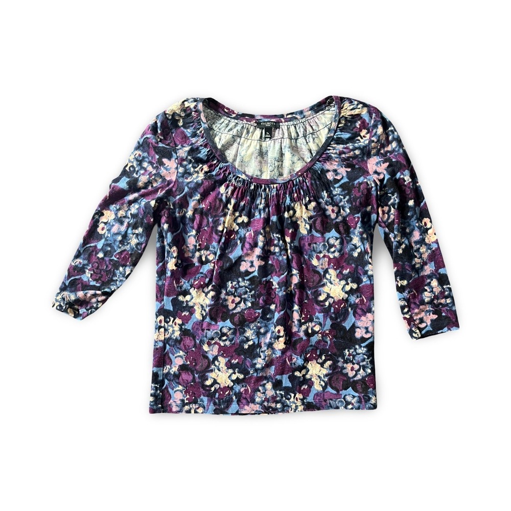 Talbots Petites Floral Knit Top Blue 3/4 Sleeve Scoop Neck Small Watercolor